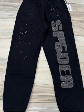 Black Sweatpants with Rhinestone 'Spider ' Side Logo